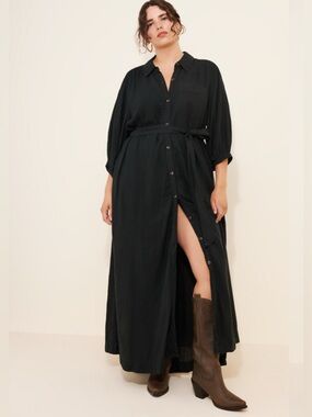 Anthropologie 3X The Mona Linen Shirt full length maxi dress front slit button
